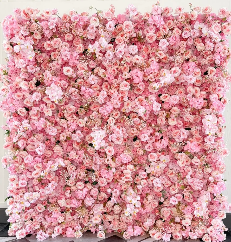 Pink flower wall with blush, rouge and rose blooms
